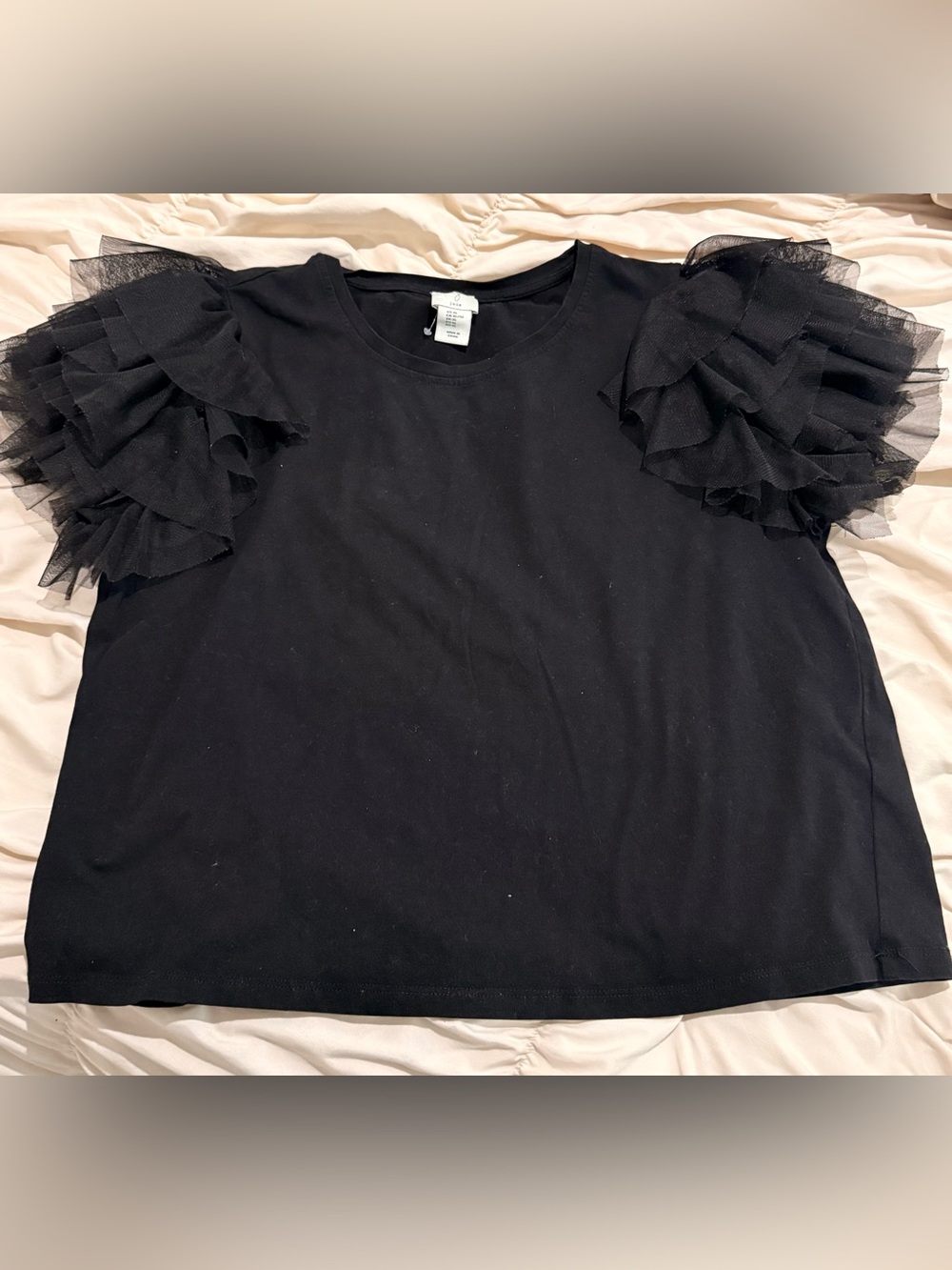 Joie Black Short Sleeve Tee with Layered Tulle Ruffle Sleeves